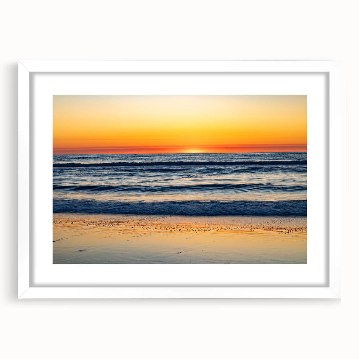 Abstract art print of Outer Banks with muted blue and gray tones, framed in white, ideal for dining room decor.