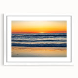 Abstract art print of Outer Banks with muted blue and gray tones, framed in white, ideal for dining room decor.