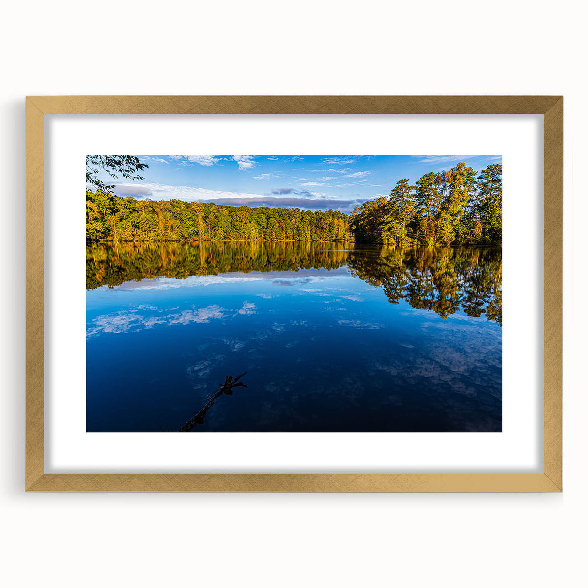 Extra large abstract art print of Raleigh skyline in textured gold frame, ideal for living room decor.