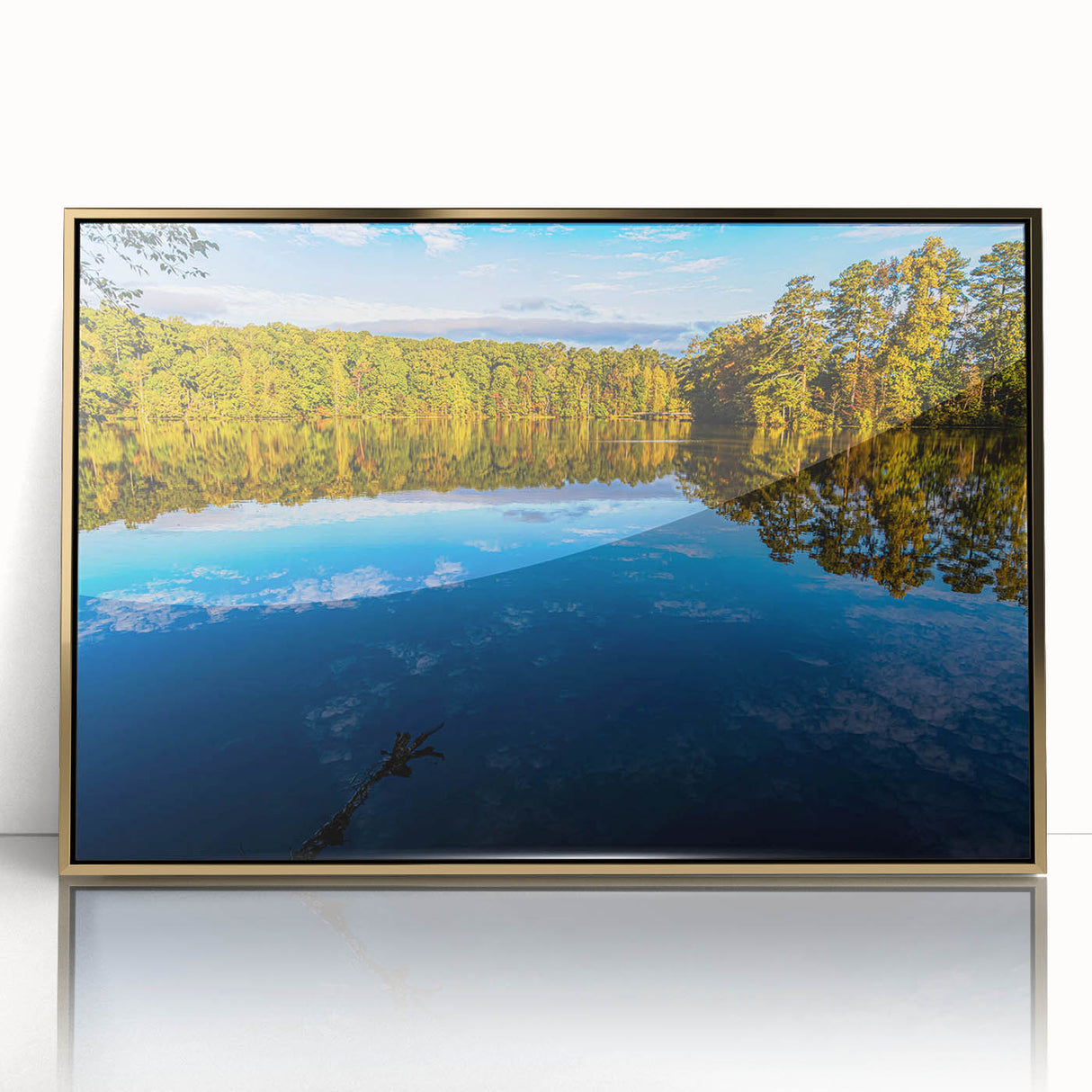 Large art print of Raleigh skyline in muted gold tones on framed acrylic, ideal for modern art wall decor.