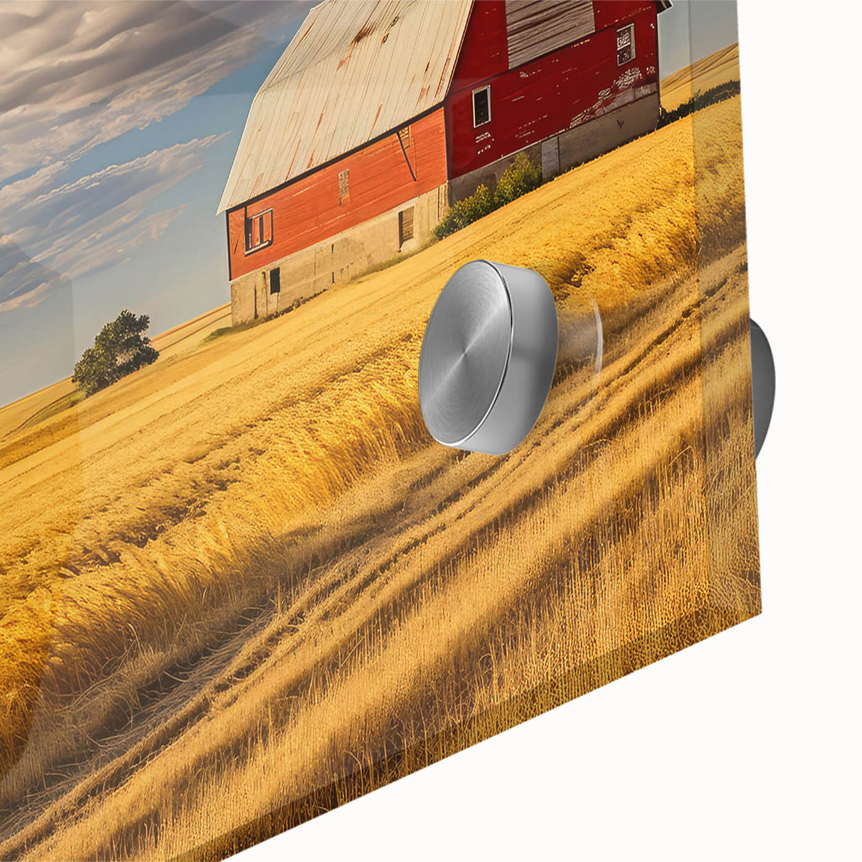 Large abstract wall art of North Dakota scenery in mid-century modernist style on acrylic glass, ideal for dining room decor.