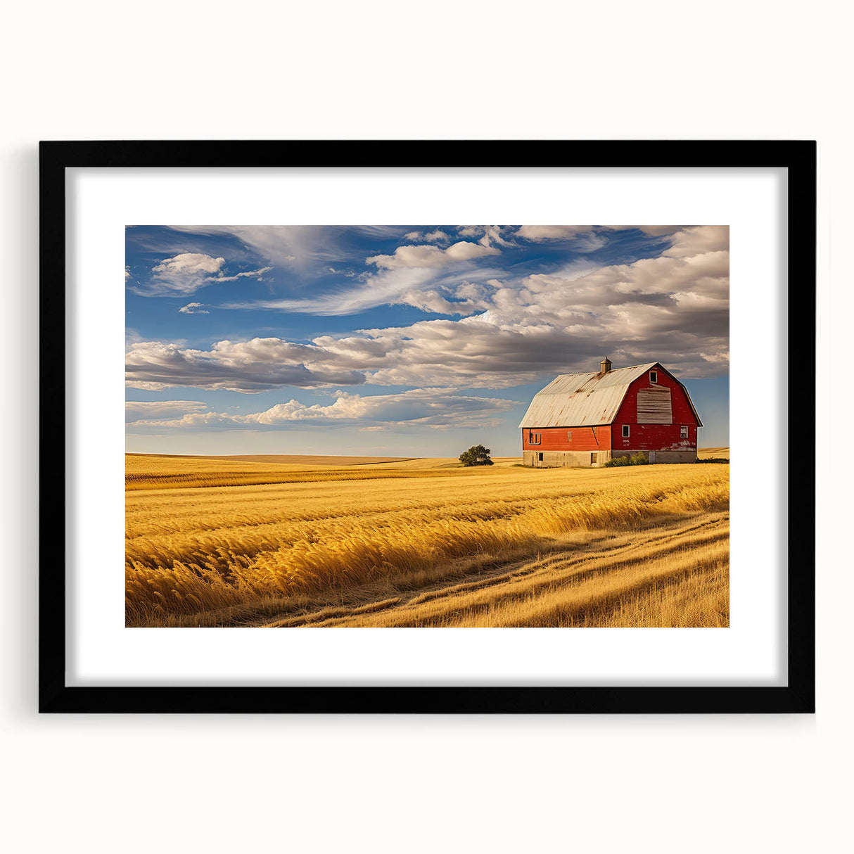 Colorful abstract art print of a North Dakota scenery in a black frame, ideal for living room decor.