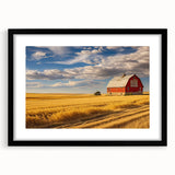 Colorful abstract art print of a North Dakota scenery in a black frame, ideal for living room decor.