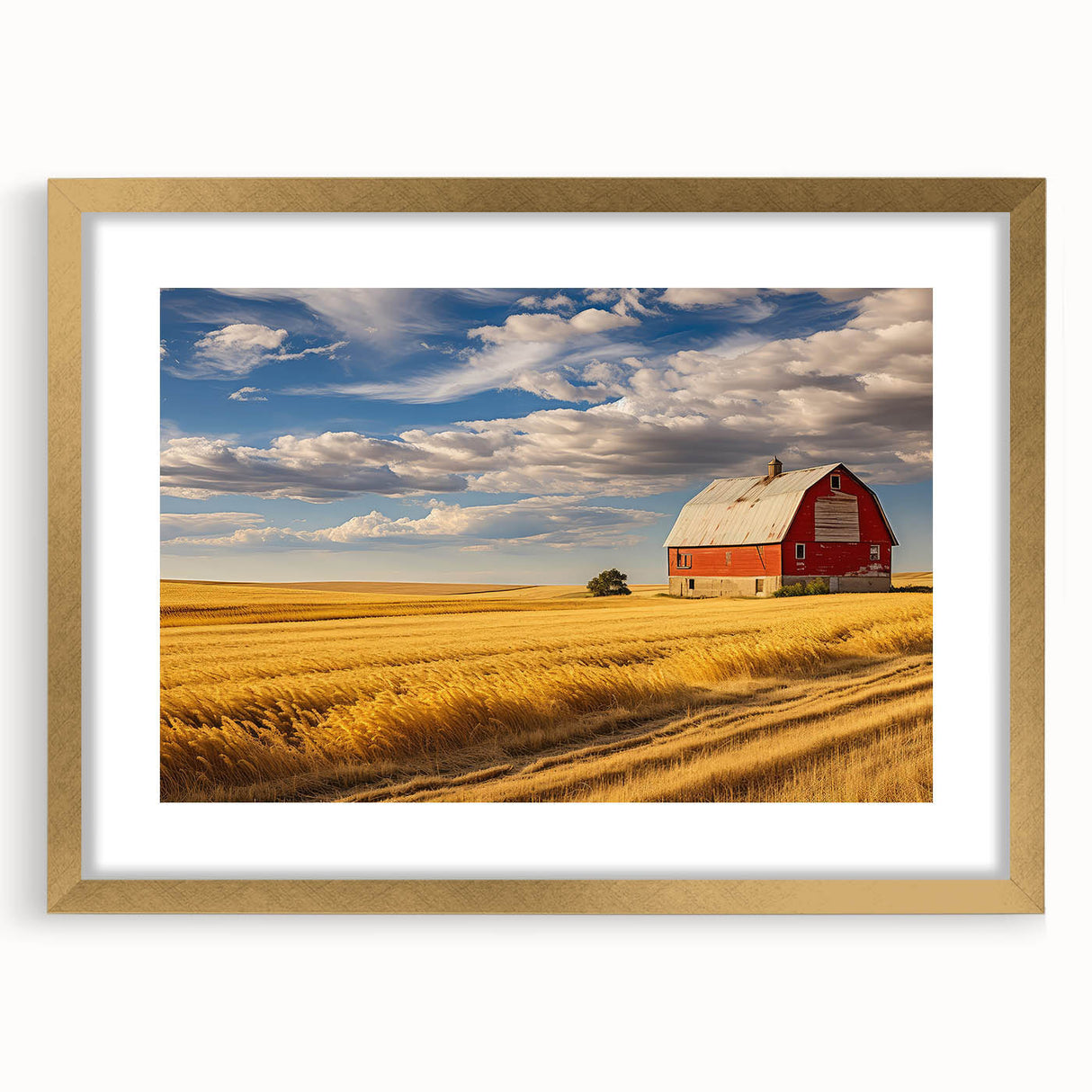 Extra large abstract art print of North Dakota scenery in muted earth tones, framed in gold, ideal for living room decor.