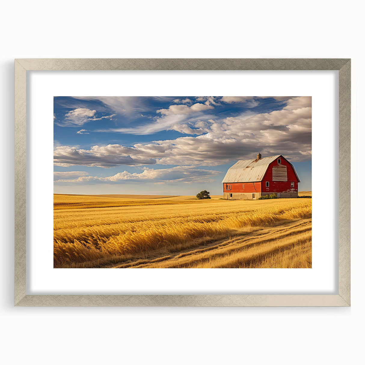 Textured abstract art print of North Dakota scenery in muted earth tones on a framed silver mat, suitable for bedroom art.