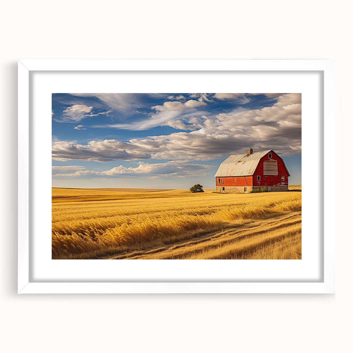 Abstract art print of North Dakota scenery in muted earth tones on a white-framed canvas, ideal for dining room decor.
