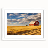 Abstract art print of North Dakota scenery in muted earth tones on a white-framed canvas, ideal for dining room decor.