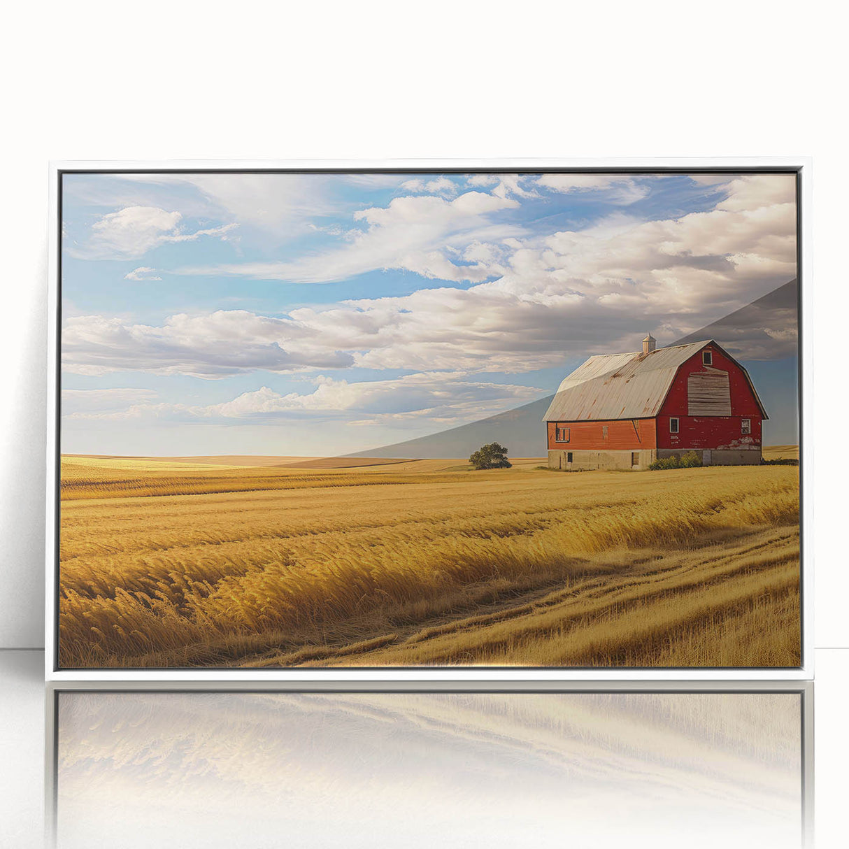 Art deco poster featuring a North Dakota scenery in muted green and blue tones, framed acrylic.