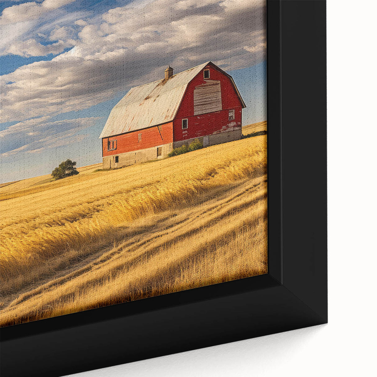 Close-up of extra large, textured black wall art featuring a North Dakota scenery in colorful hues on a framed canvas.