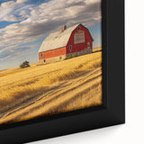 Close-up of extra large, textured black wall art featuring a North Dakota scenery in colorful hues on a framed canvas.