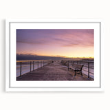 Abstract art print of Long Island scenery in muted blue and gray tones on a white framed mat, ideal for dining room decor.