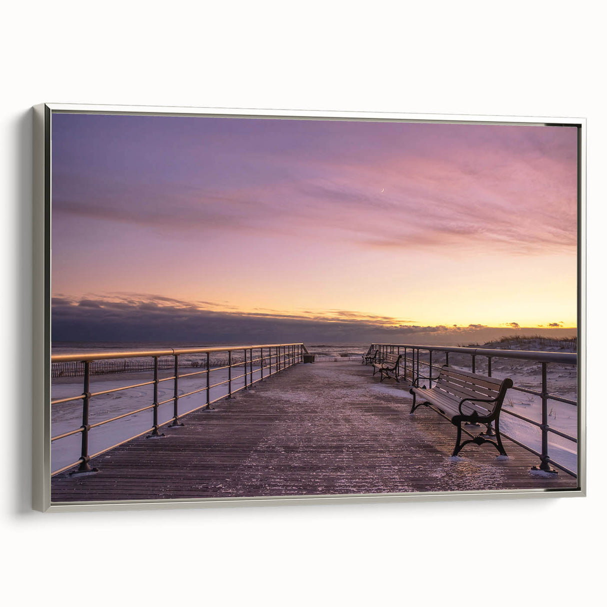Landscape art painting of Long Island featuring a vintage poster style on framed canvas, with colorful art and black edges.