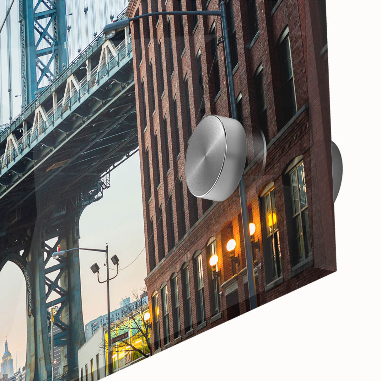 Acrylic print of the Brooklyn Bridge in muted gray tones, perfect for dining room art with a mid-century modernist style.