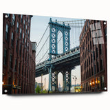 Acrylic print of the Brooklyn Bridge in muted gray tones, ideal for modern dining room decor.