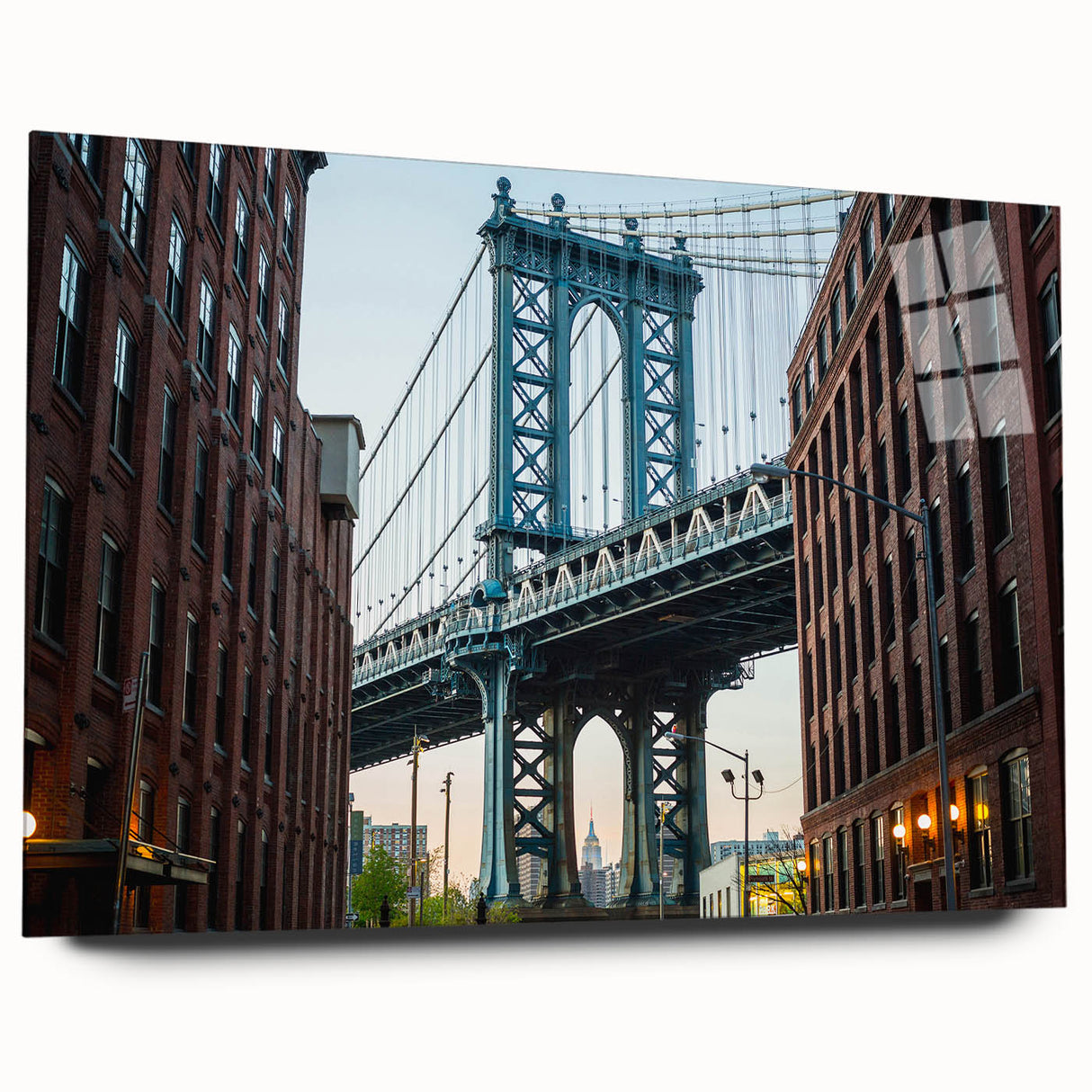 Acrylic print of the Brooklyn Bridge in grayscale, suitable for bedroom or dining room decor.