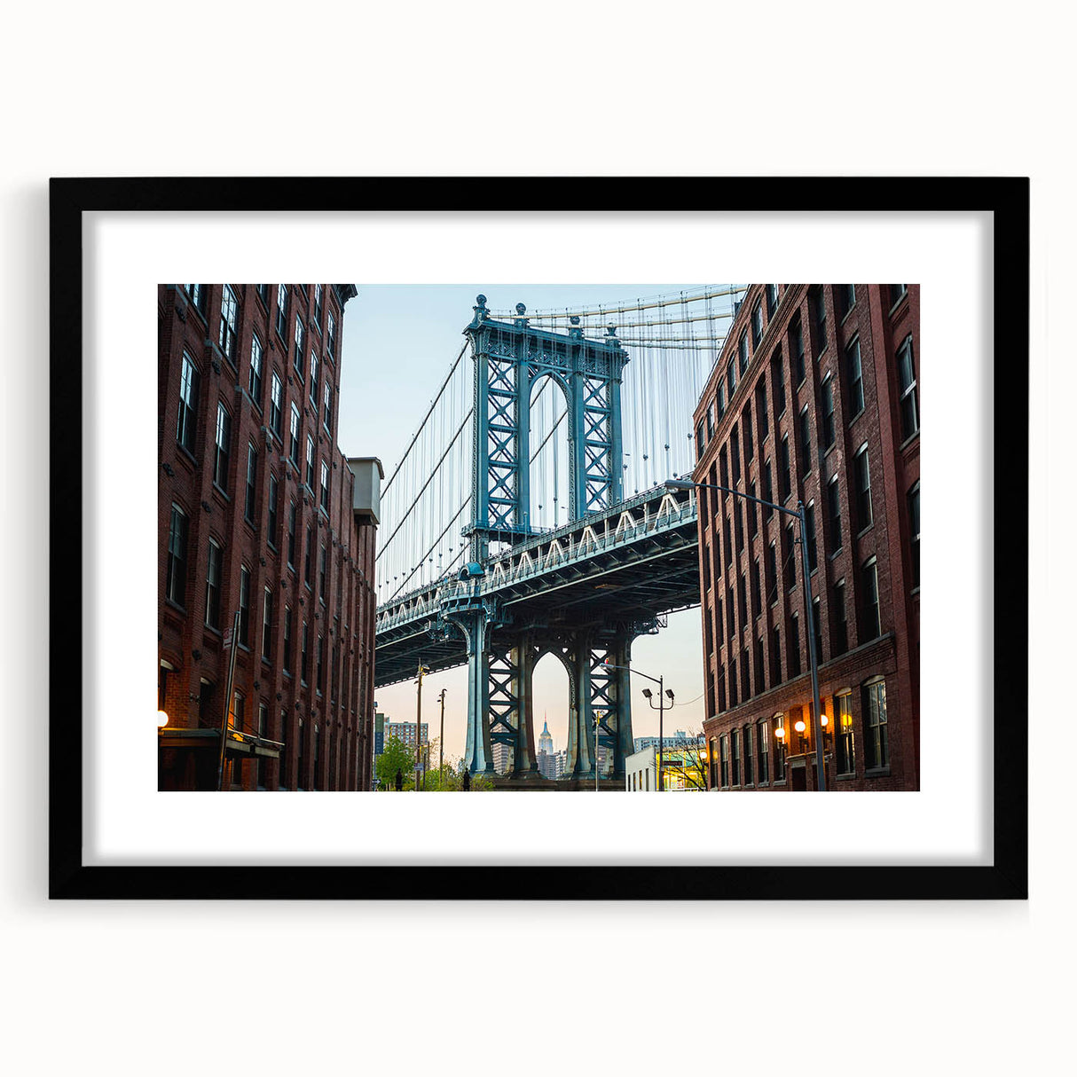 Colorful abstract art print of the Brooklyn Bridge, featuring vibrant hues on a large textured canvas.