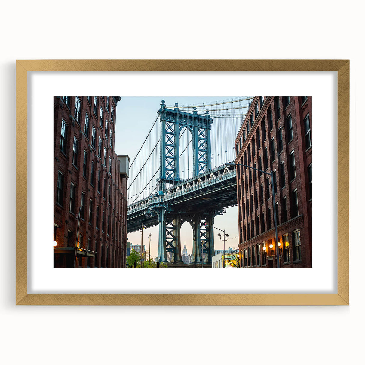 Extra large wall art featuring an abstract print of the Brooklyn Bridge in textured gray and blue tones, framed in gold.