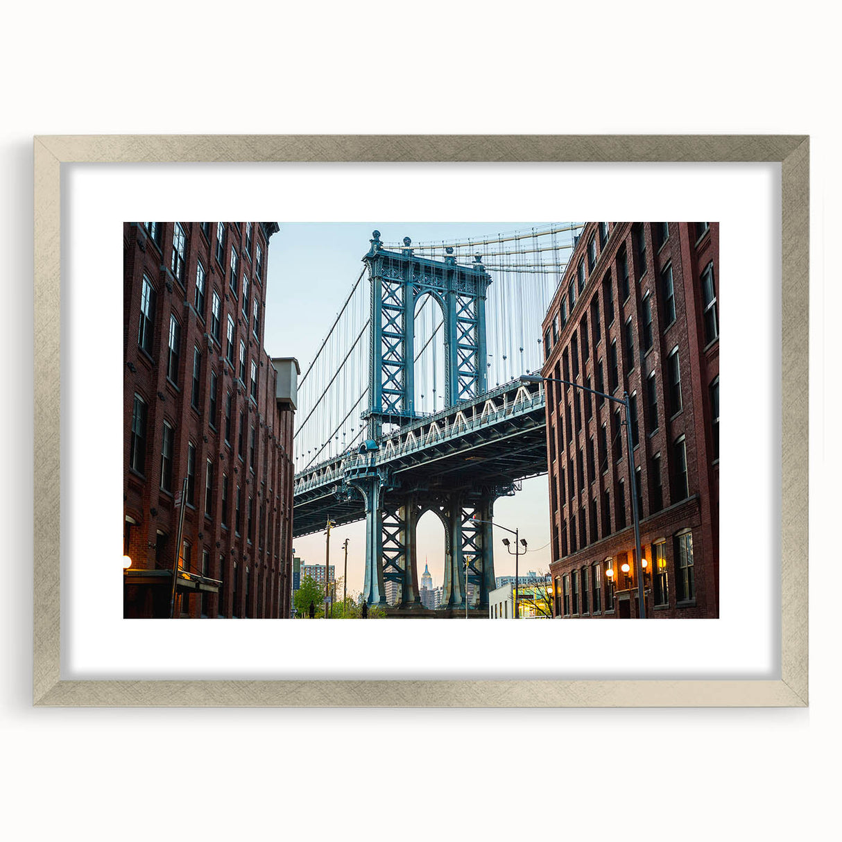 Textured art print of the Brooklyn Bridge in muted gray and blue tones on a framed canvas, suitable for bedroom decor.