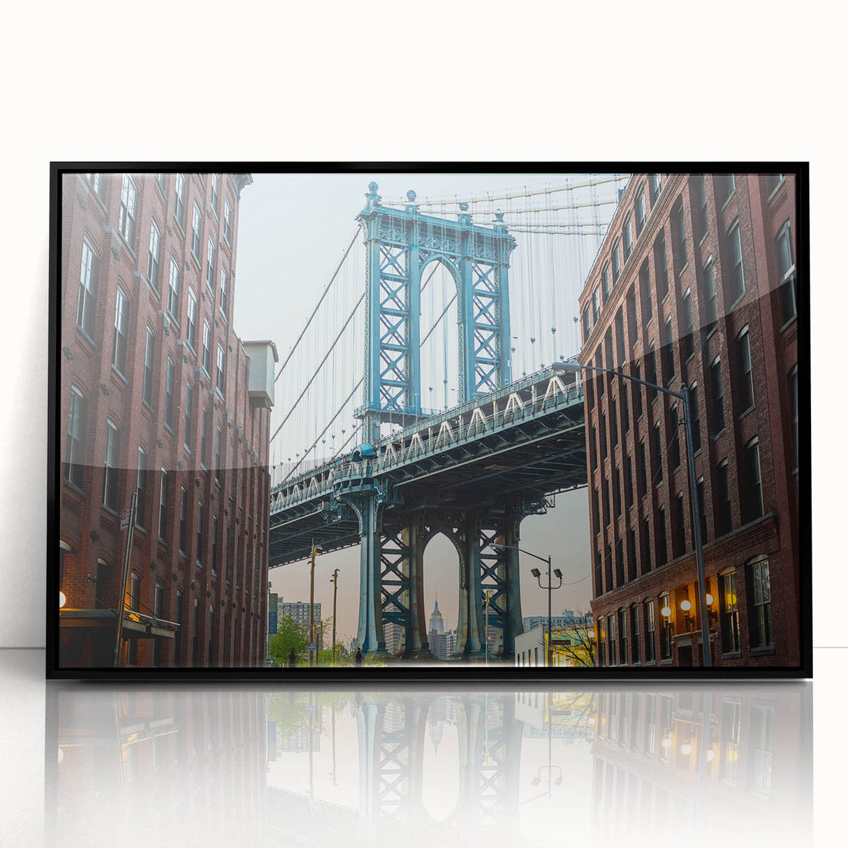 Large abstract wall art of the Brooklyn Bridge in muted gray and black tones on a framed acrylic.