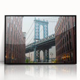 Large abstract wall art of the Brooklyn Bridge in muted gray and black tones on a framed acrylic.