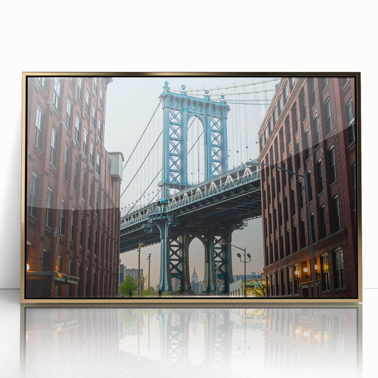 Mid-century modernist style Brooklyn Bridge depicted in large art print on framed acrylic.