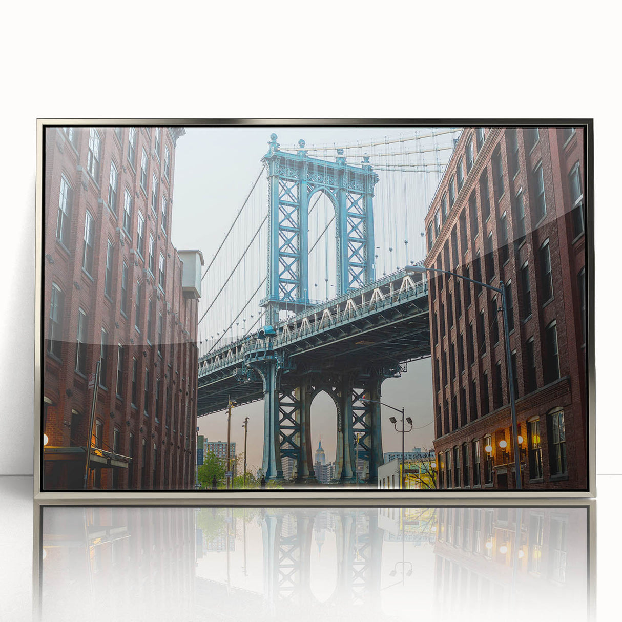 Mid-century modernist art of the Brooklyn Bridge in silver-toned acrylic, ideal for modern art wall decor.