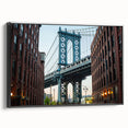 Black and white framed canvas of Brooklyn Bridge in vintage poster style, ideal for bedroom wall decor.