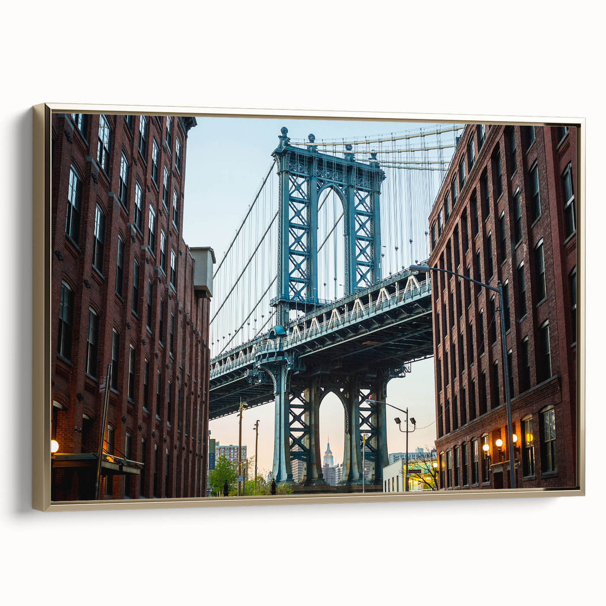 Framed canvas of the Brooklyn Bridge with a vintage poster art style in black and gold, ideal for bedroom wall art.