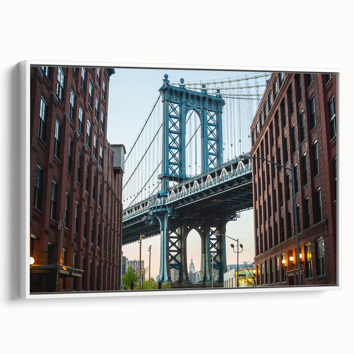 Vintage poster art of Brooklyn Bridge in grayscale with colorful accents on a framed canvas, suitable for living room decor.