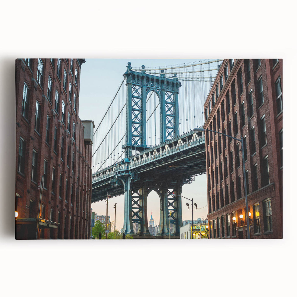 Black and white photograph of the Brooklyn Bridge on stretched canvas, ideal for kitchen wall art.