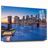 Acrylic print of Manhattan skyline in muted gray tones, suitable for bedroom or dining room decor.