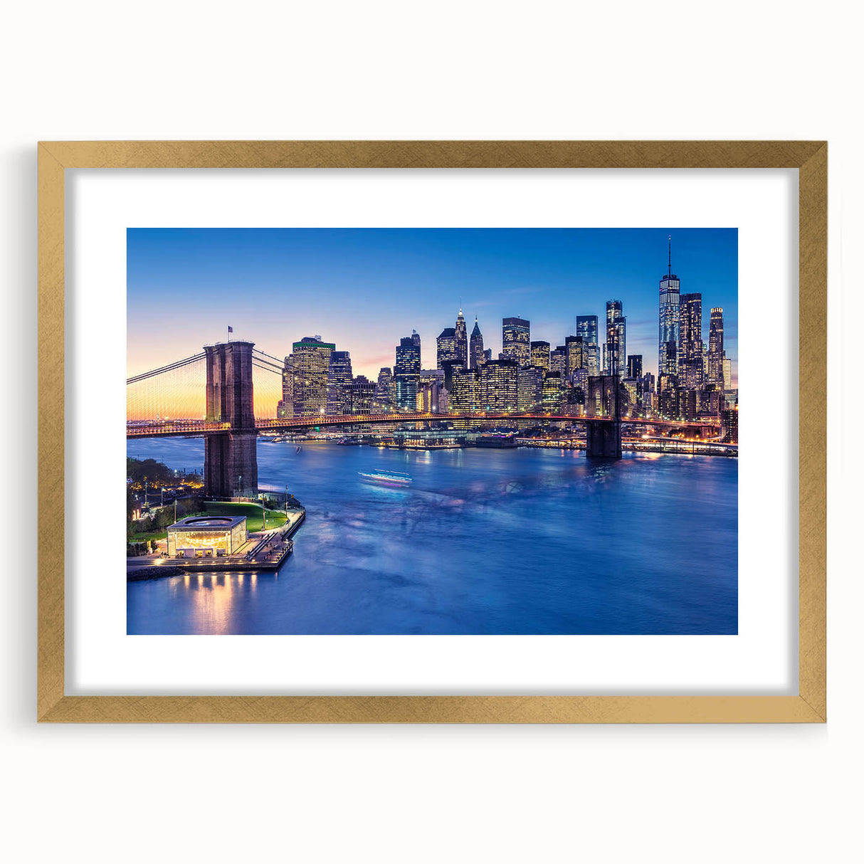 Extra large abstract art print of Manhattan skyline in textured gold frame, suited for living room decor.