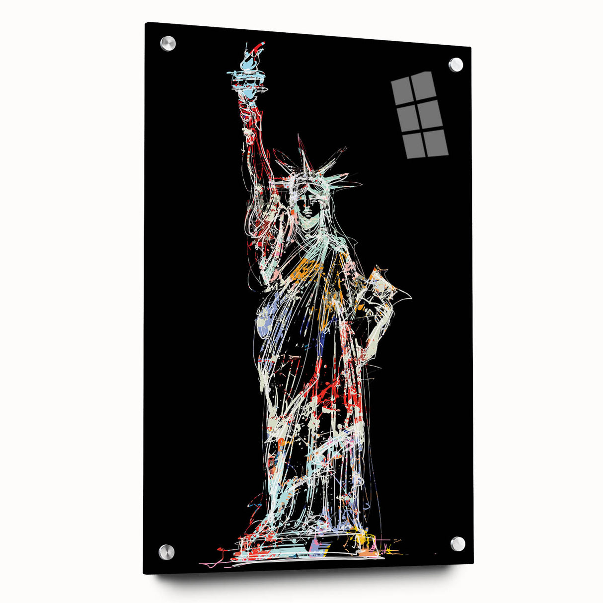 Acrylic print of the Statue of Liberty in muted green and blue tones, ideal for modern dining room decor.