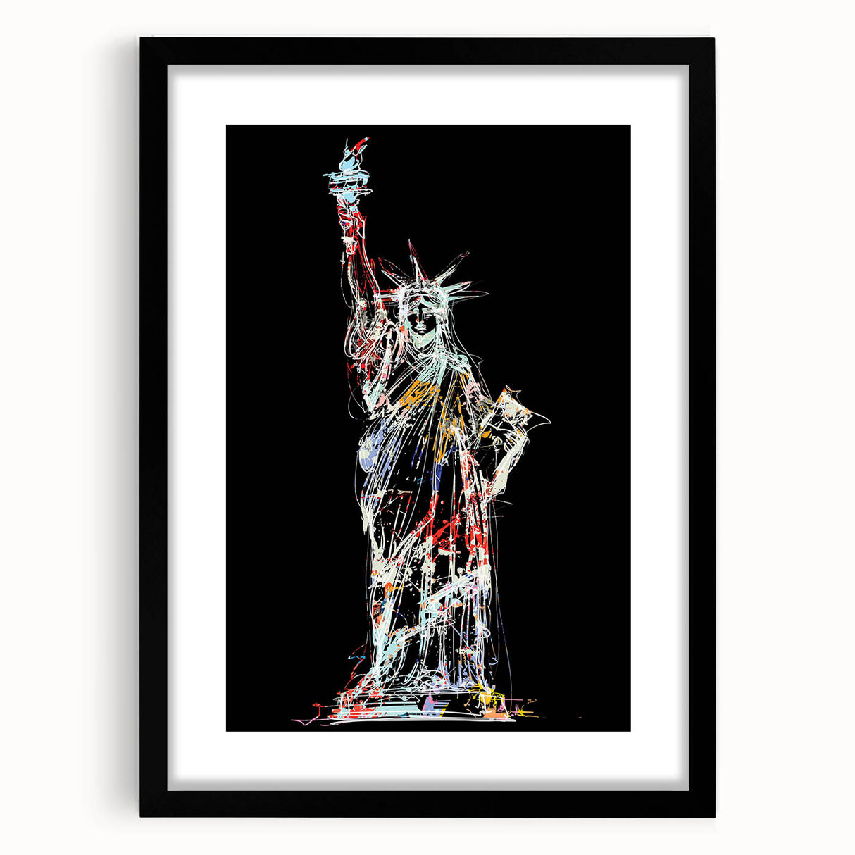 Extra large abstract art print of the Statue of Liberty in vibrant, colorful hues on a textured canvas, framed in black.