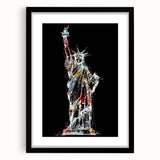 Extra large abstract art print of the Statue of Liberty in vibrant, colorful hues on a textured canvas, framed in black.