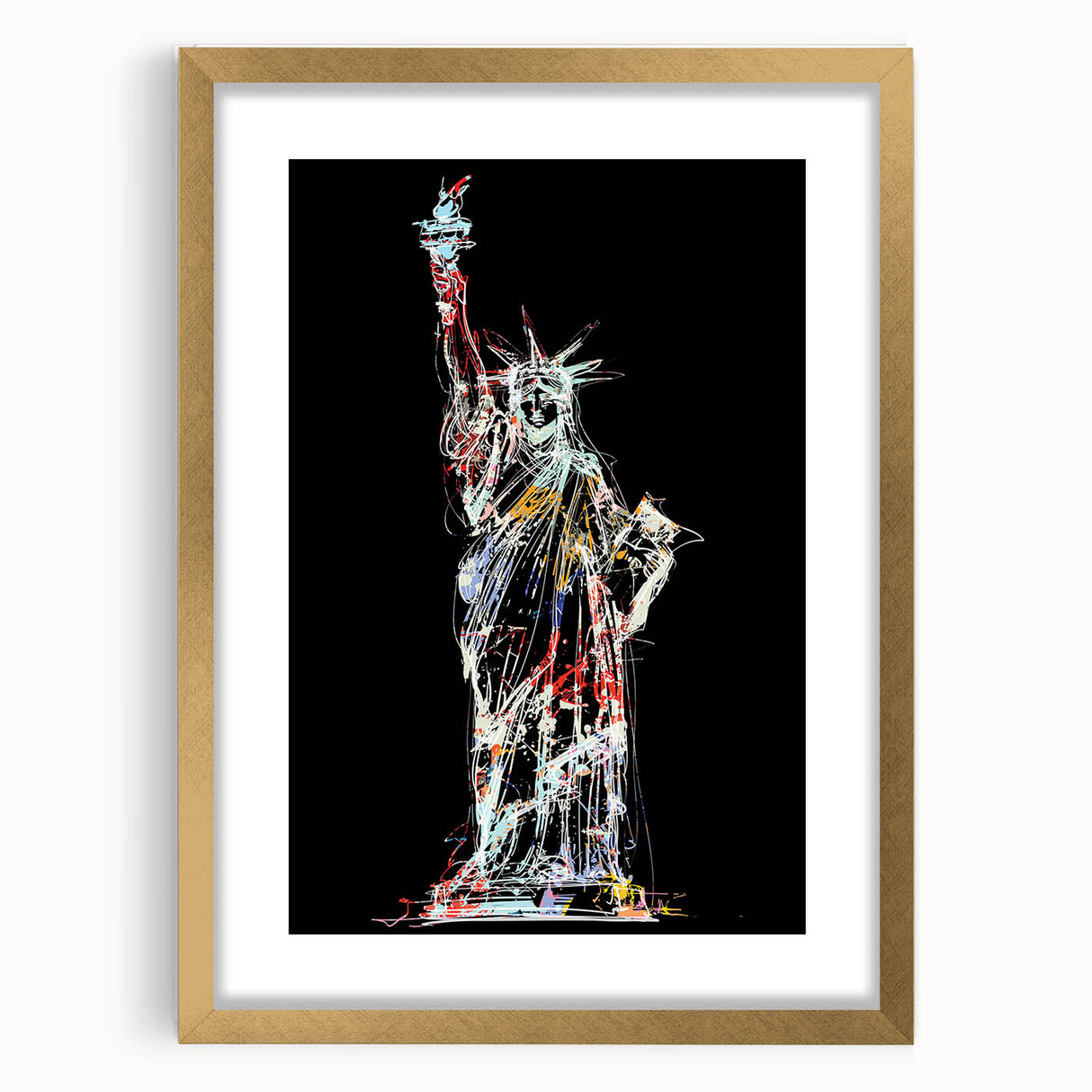 Extra large framed wall art of New York City featuring the Statue of Liberty in textured abstract style with gold mat.