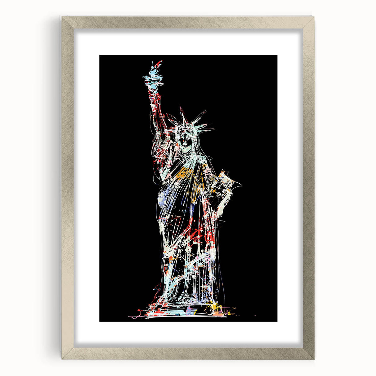 Textured art print of the Statue of Liberty in abstract style, using muted blue and gray tones, framed in silver.
