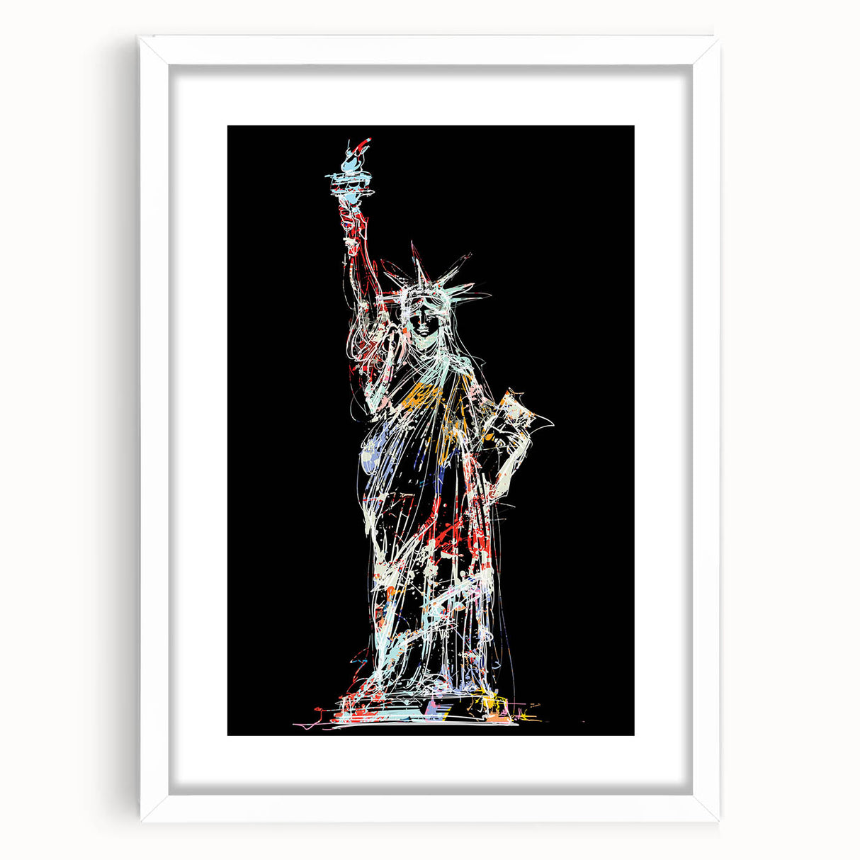 Abstract art print of the Statue of Liberty in muted green and blue tones on a framed white mat.