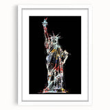 Abstract art print of the Statue of Liberty in muted green and blue tones on a framed white mat.