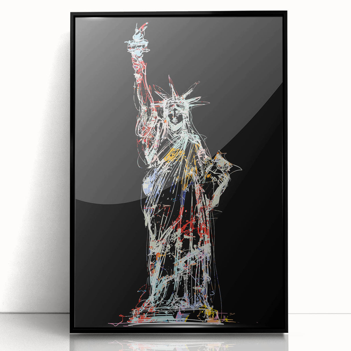 Large abstract wall art of the Statue of Liberty in monochrome tones on a framed acrylic, suitable for modern art wall decor.