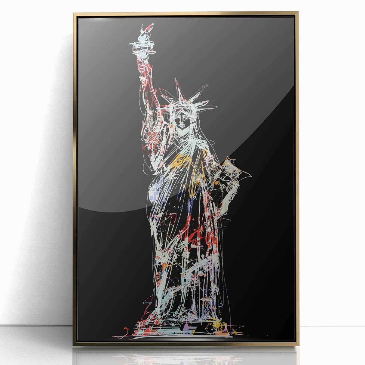 Large art print of the Statue of Liberty in gold and black tones on acrylic, framed, in a mid-century modernist style.