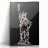 Large art print of the Statue of Liberty in gold and black tones on acrylic, framed, in a mid-century modernist style.