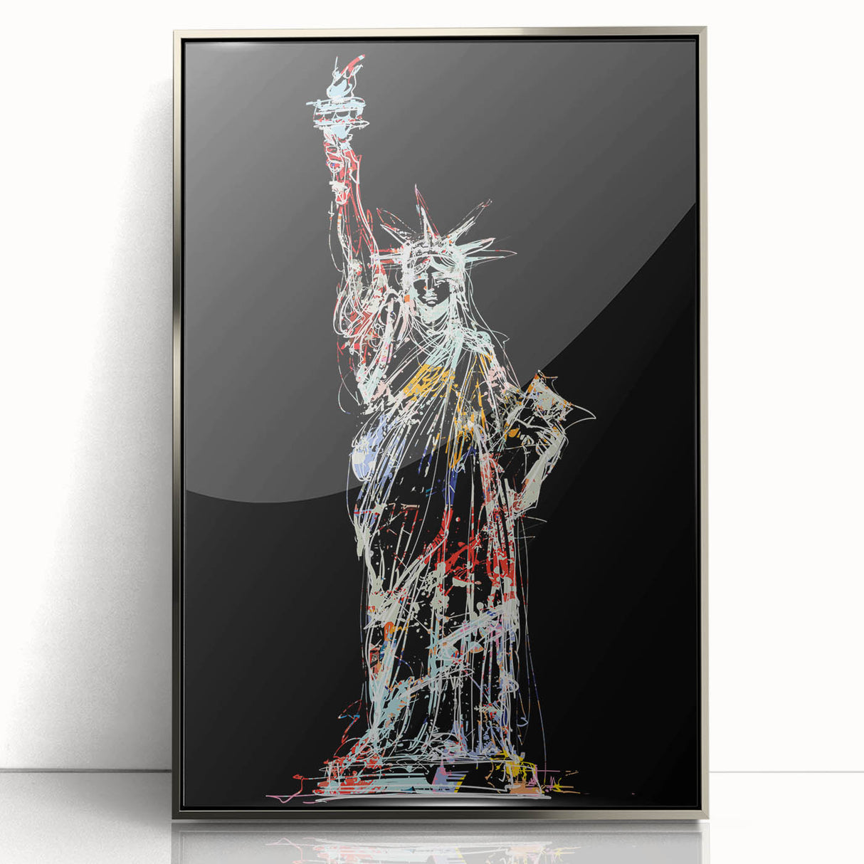 Mid-century modernist art of the Statue of Liberty in silver acrylic, ideal for modern art wall decor.