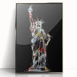 Mid-century modernist art of the Statue of Liberty in silver acrylic, ideal for modern art wall decor.