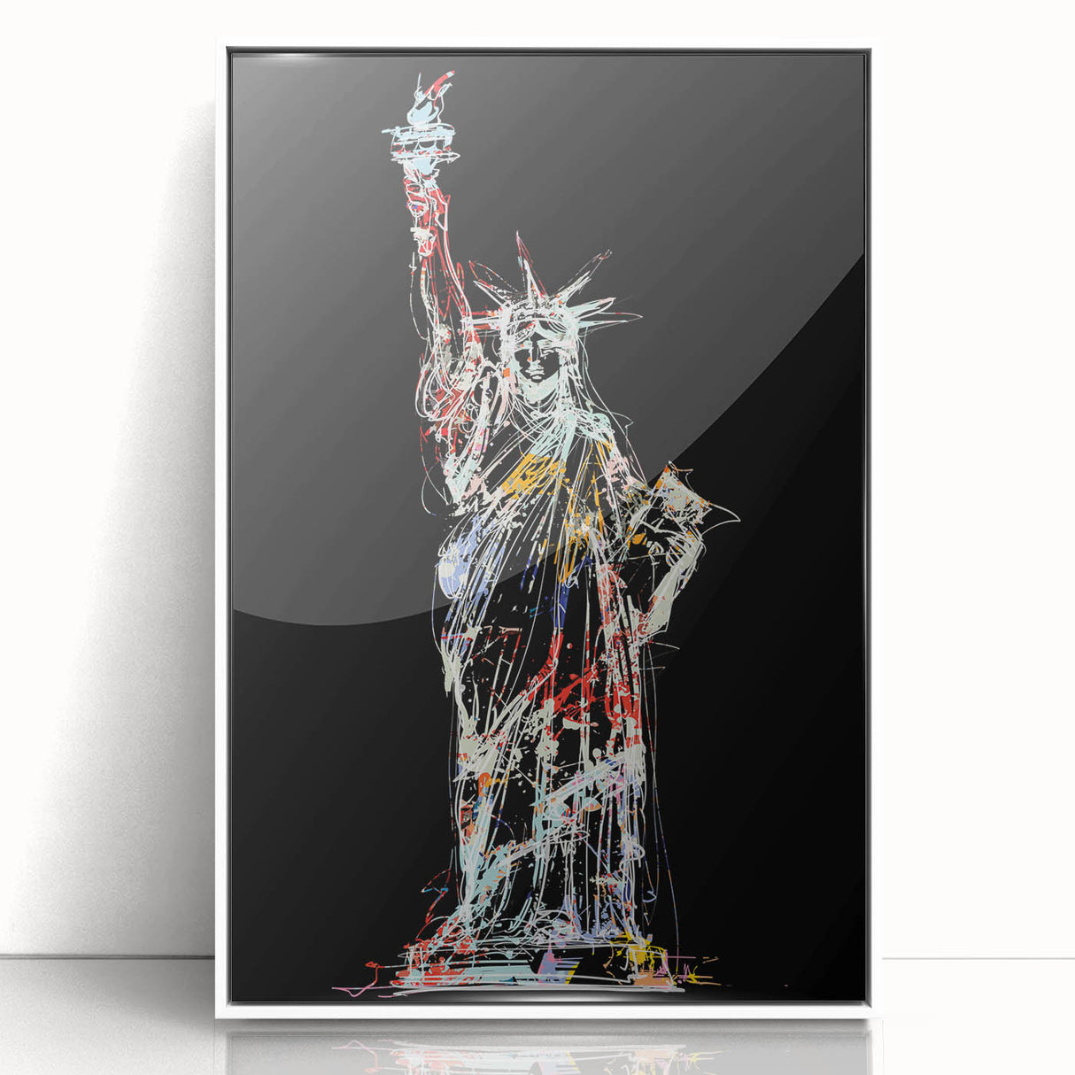 Acrylic print of the Statue of Liberty in art deco style, featuring monochrome tones, ideal for modern art wall decor.