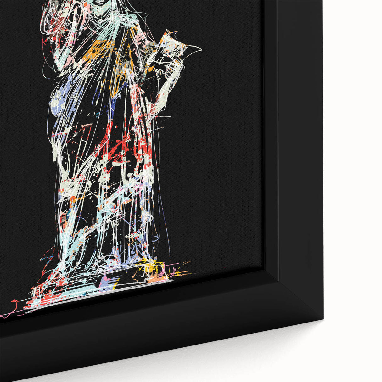 Extra large black wall art of the Statue of Liberty on a textured canvas, featuring colorful abstract elements.