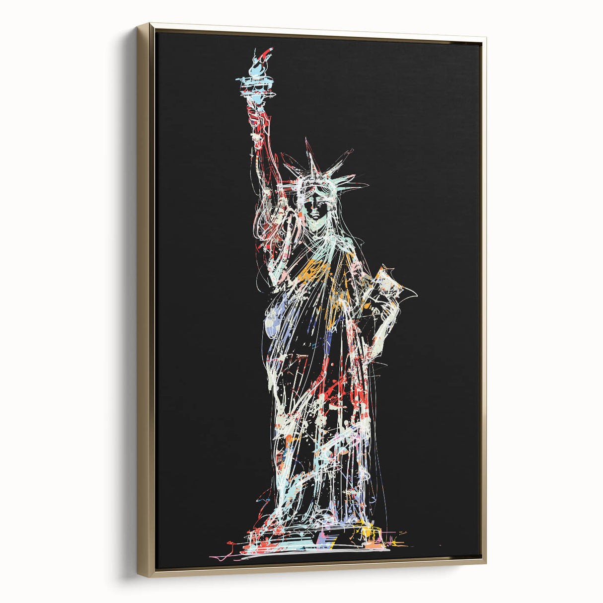 Framed canvas wall art featuring a side view of the Statue of Liberty in black and gold, ideal for bedroom decor.