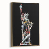 Framed canvas wall art featuring a side view of the Statue of Liberty in black and gold, ideal for bedroom decor.