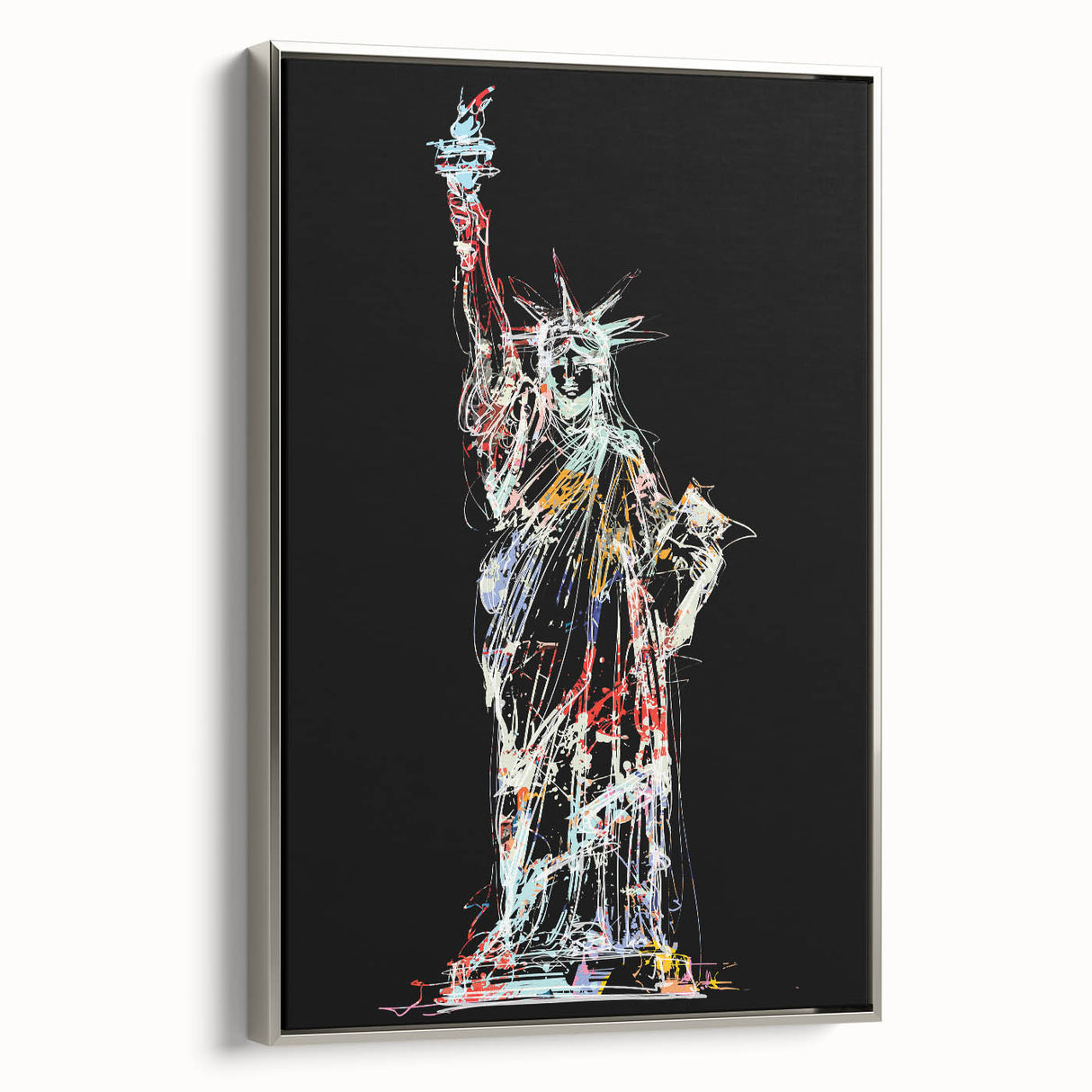 Framed canvas landscape art painting of the Statue of Liberty in muted black and colorful accents.