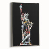 Framed canvas landscape art painting of the Statue of Liberty in muted black and colorful accents.